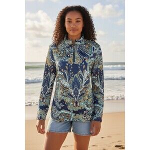 Cegolfs Women Quarter Zip Golf Shirt Size L Blue Paisley Pullover New